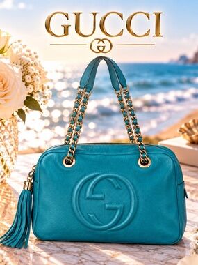 Gucci Soho Medium Turquoise Pebbled Leather Chain Shoulder Bag